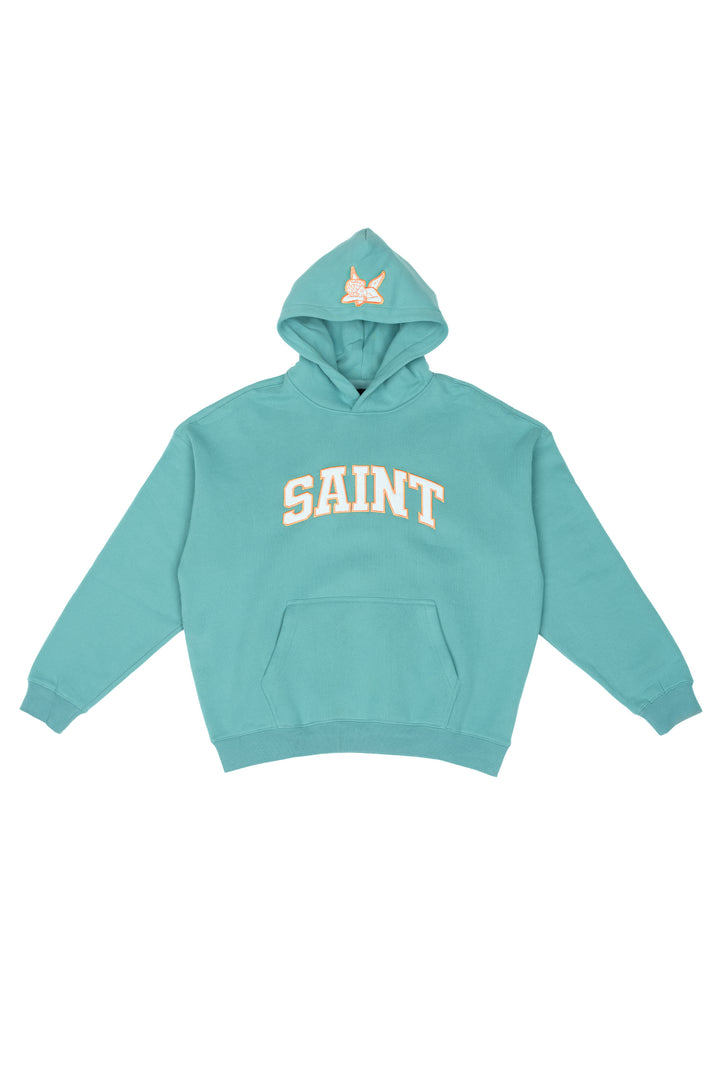 Heavyweight Brushed Orange Patch Teal Hoodie