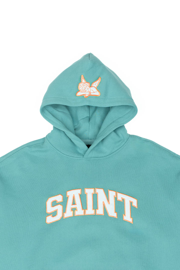 Heavyweight Brushed Orange Patch Teal Hoodie
